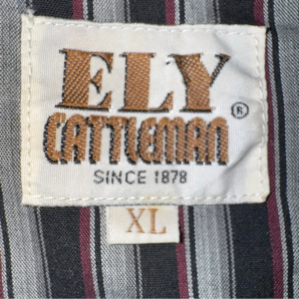 Ely Cattleman Men’s XL Western Snap Shirt Black Gray Burgundy Stripe Cowboy